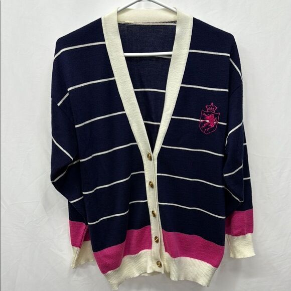 Sweaters - Vintage Striped Navy and Pink Cardigan Sweater